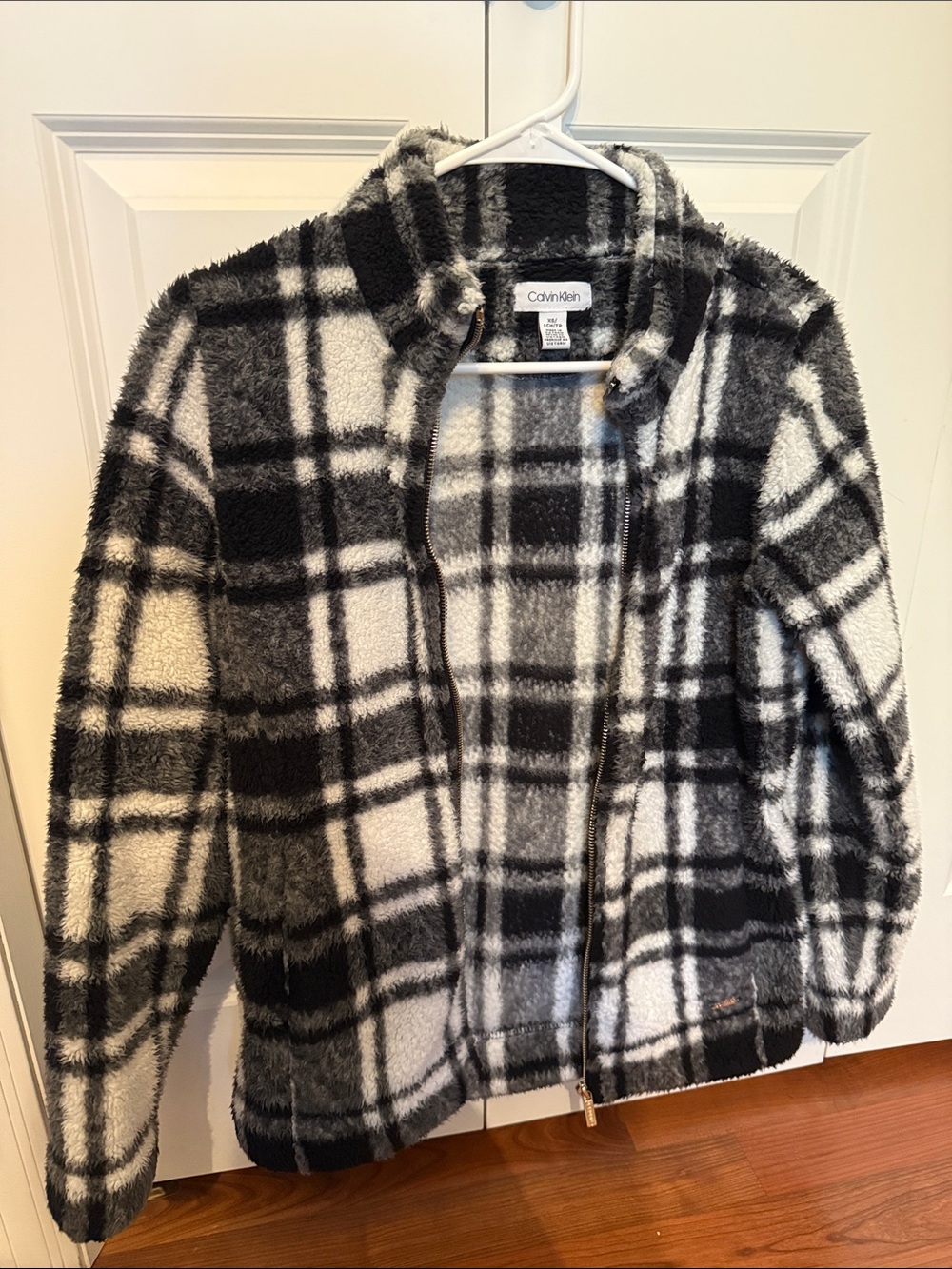 Calvin Klein Black & White Plaid Teddy Zip Jacket